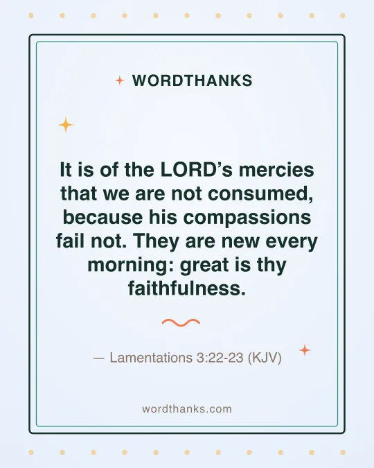 Thank-you quote card: “It is of the LORD’s mercies that we are not consumed, because his compassions fail not. They are new every morning: great is thy faithfulness.” by Lamentations 3:22-23 (KJV)