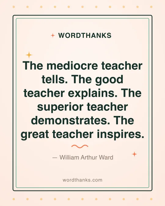 Thank-you quote card: “The mediocre teacher tells. The good teacher explains. The superior teacher demonstrates. The great teacher inspires.” by William Arthur Ward
